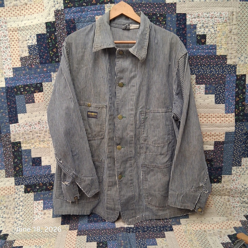 Vintage 1970s Oshkosh B Gosh Hickory Stripe Chore Coat Size 44 Large Railroad
